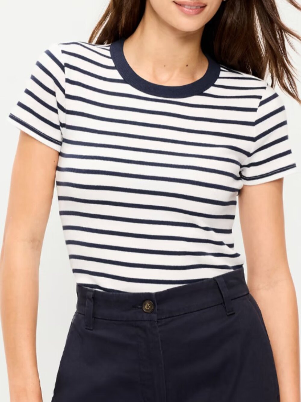 Old Navy Snug Crop Ribbed T-Shirt Navy Stripe L